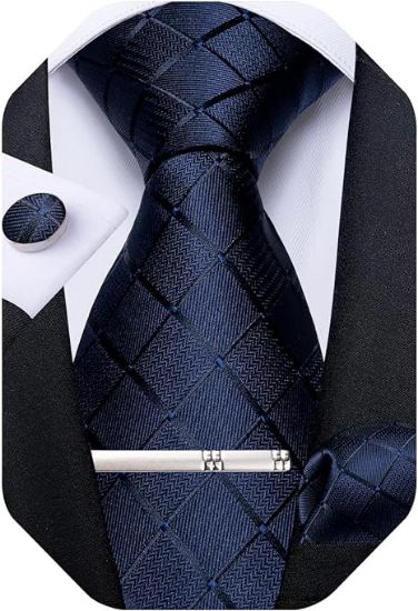 Picture of A DiBanGu Plaid Tie Men's Silk Tie and Pocket Square Cufflinks Tie Clip Set Wedding Business